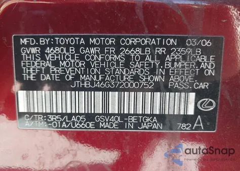 2007 Lexus Es 350 z USA, uszkodzony, nr VIN JTHBJ46G372000752